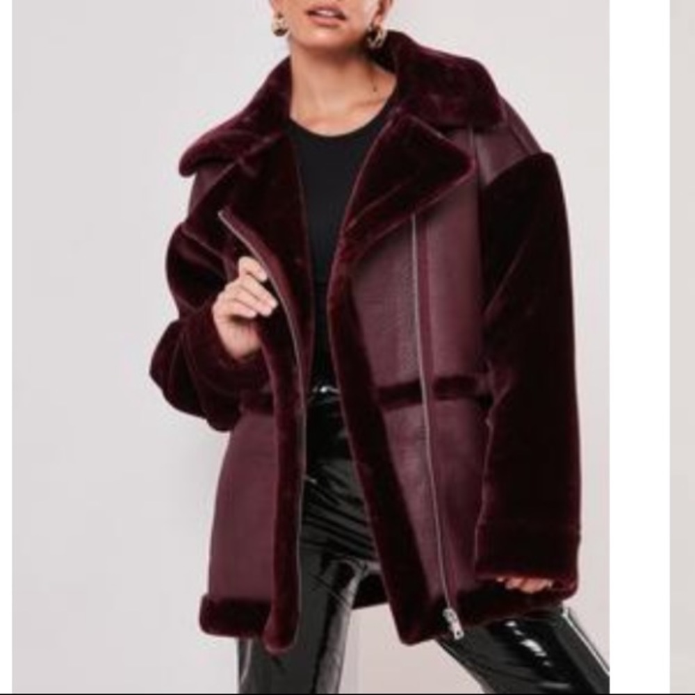 Missguided Burgundy Faux Fur Jacket